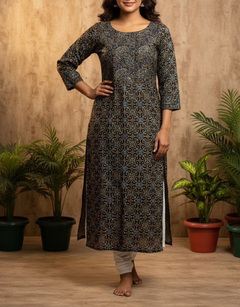Cotton kurti mirror work -Slitted lining