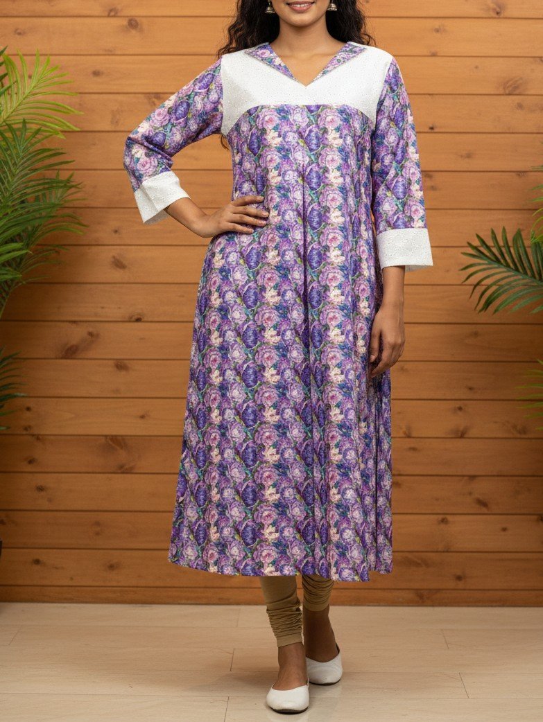 Linen Hakoba Floral Print A line Kurti (1253A)