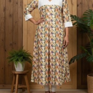 Linen Hakoba Floral Print A line Kurti (1253B)