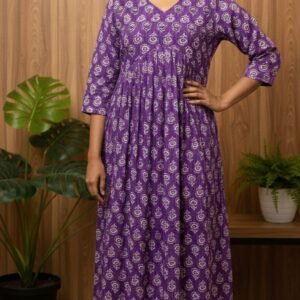 Floral Print Cotton Aliyacut Kurta – Violet Frock Style Ari and Mirror Work(1114)
