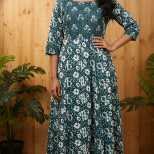 Floral Print Cotton Anarkali Kurta – Teal Blue Frock Style & Ari and Mirror Work(1157)