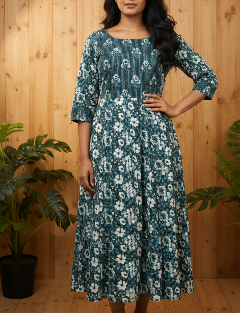 Floral Print Cotton Anarkali Kurta – Teal Blue Frock Style & Ari and Mirror Work(1157)