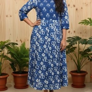Floral Print Cotton Anarkali Kurta –Dark Blue Ari and Mirror Work(1114)
