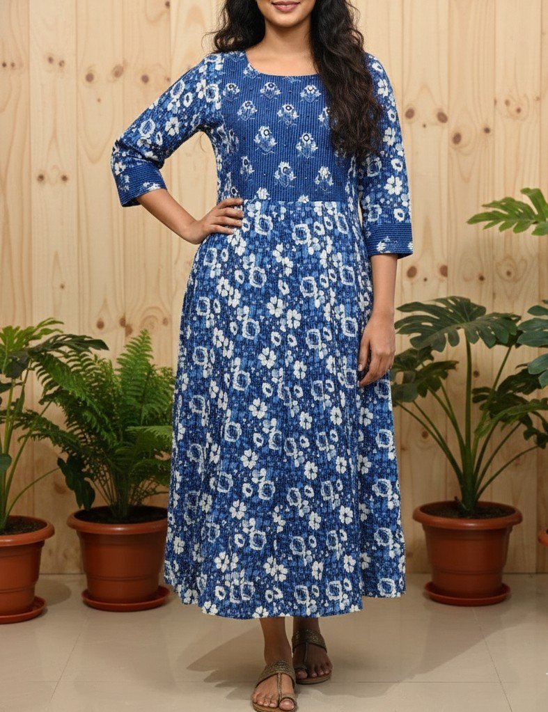 Floral Print Cotton Anarkali Kurta –Dark Blue Ari and Mirror Work(1114)