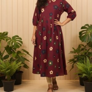 Floral Print Cotton A-Line Kurti | Maroon Boho-Chic Midi Dress with 3/4 Sleeves and Keyhole Neck