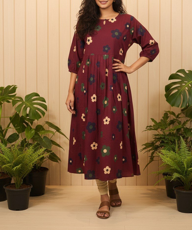 Floral Print Cotton A-Line Kurti | Maroon Boho-Chic Midi Dress with 3/4 Sleeves and Keyhole Neck