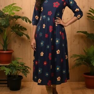 Cotton Floral Print A-Line Kurti | Navy Blue Ethnic Midi Dress with 3/4 Sleeves & Keyhole Neck