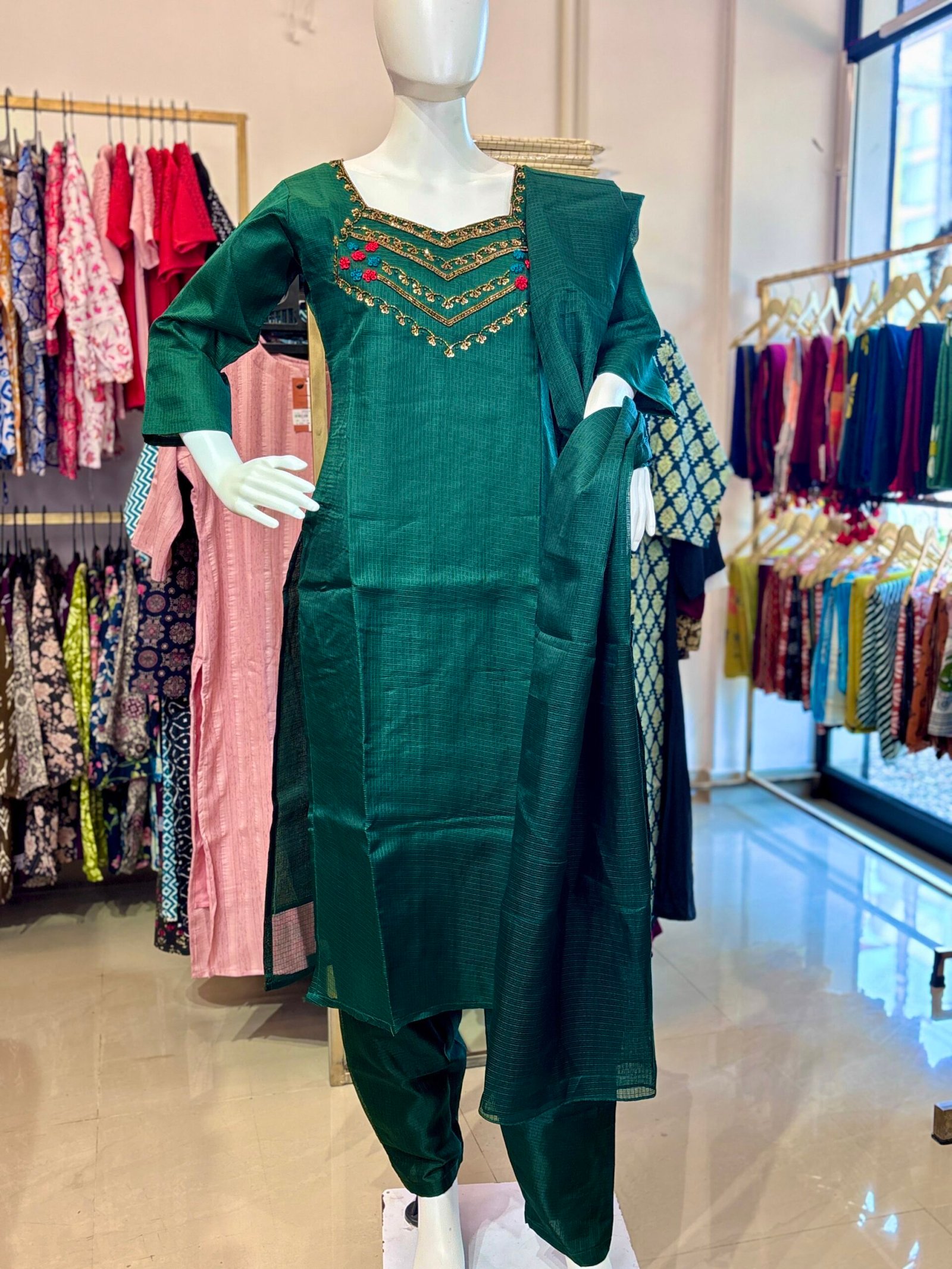 Exquisite Kota Silk 3-Piece Kurta Set with Hand-Embroidered Neckline - Image 4