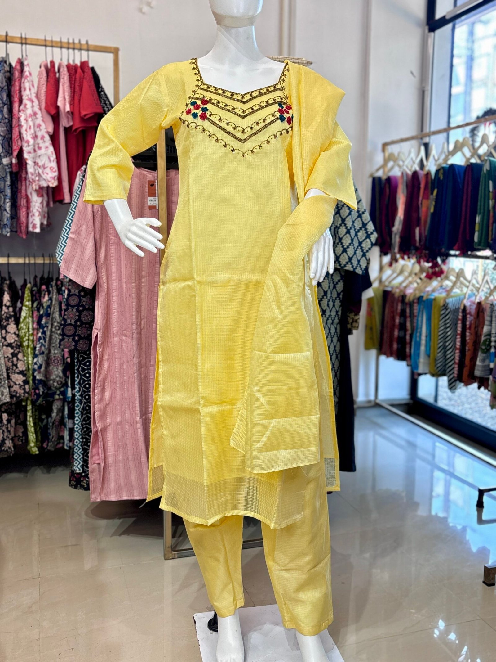 Exquisite Kota Silk 3-Piece Kurta Set with Hand-Embroidered Neckline - Image 6