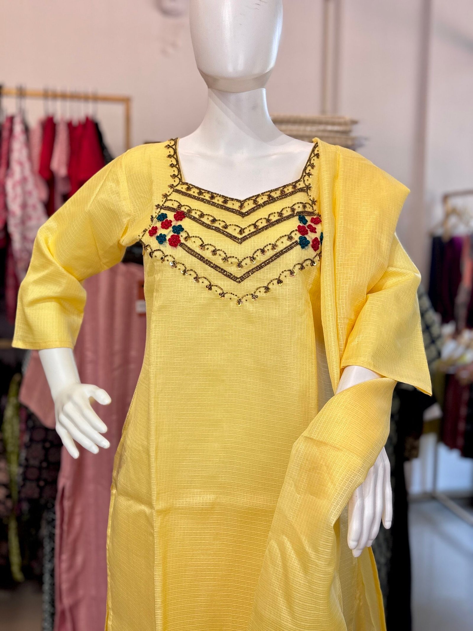 Exquisite Kota Silk 3-Piece Kurta Set with Hand-Embroidered Neckline - Image 5