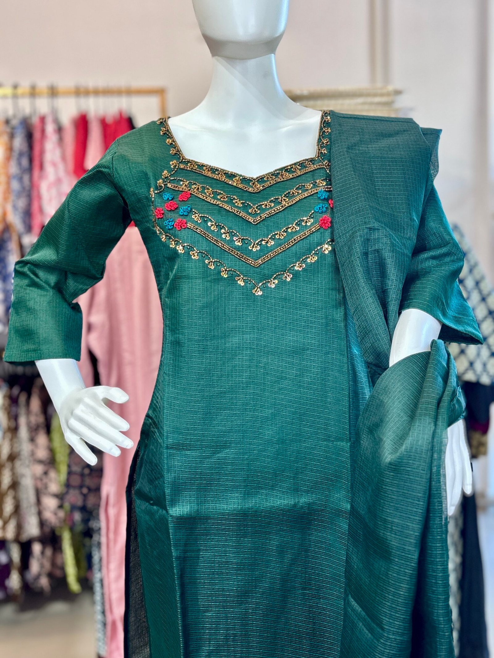 Exquisite Kota Silk 3-Piece Kurta Set with Hand-Embroidered Neckline - Image 5