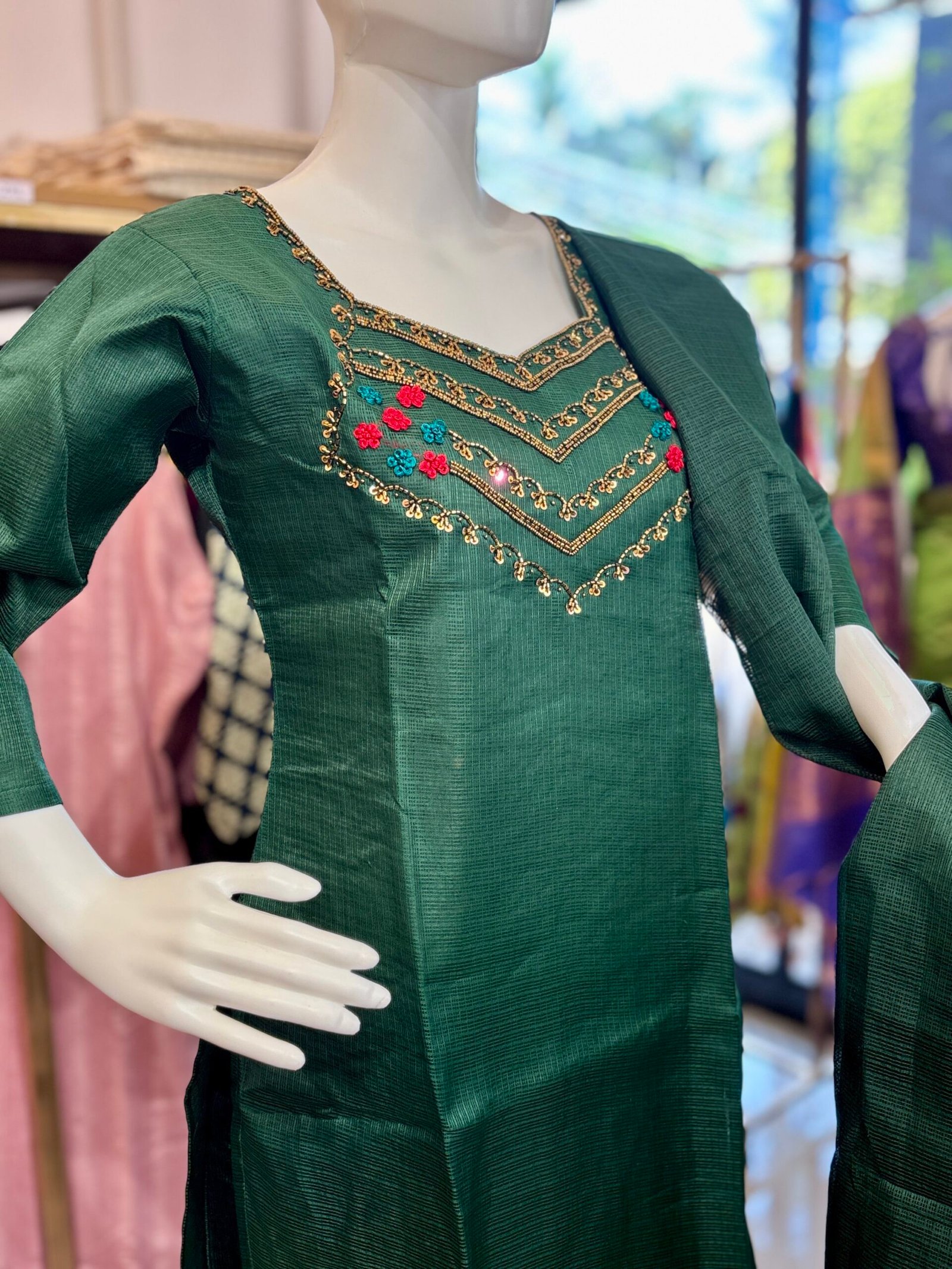 Exquisite Kota Silk 3-Piece Kurta Set with Hand-Embroidered Neckline - Image 6