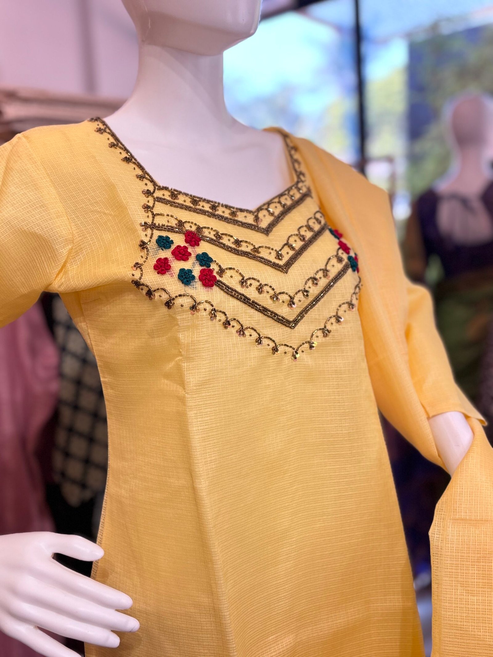 Exquisite Kota Silk 3-Piece Kurta Set with Hand-Embroidered Neckline - Image 4