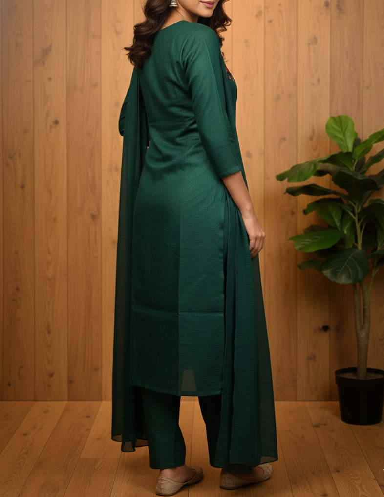 Exquisite Kota Silk 3-Piece Kurta Set with Hand-Embroidered Neckline - Image 3