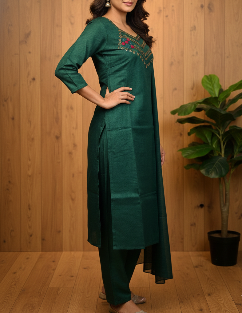 Exquisite Kota Silk 3-Piece Kurta Set with Hand-Embroidered Neckline - Image 2