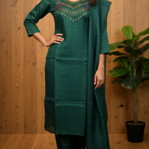 Exquisite Kota Silk 3-Piece Kurta Set with Hand-Embroidered Neckline