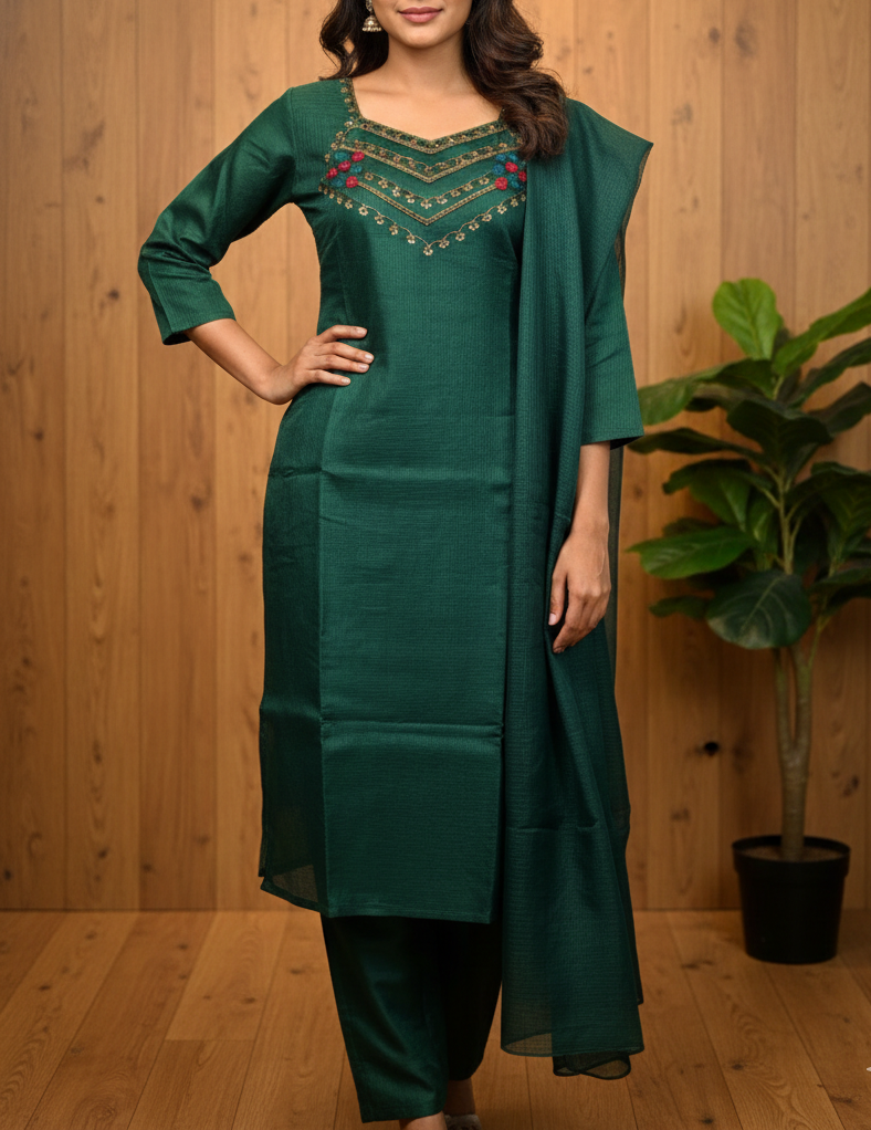 Exquisite Kota Silk 3-Piece Kurta Set with Hand-Embroidered Neckline