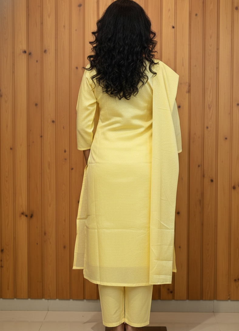 Exquisite Kota Silk 3-Piece Kurta Set with Hand-Embroidered Neckline - Image 3