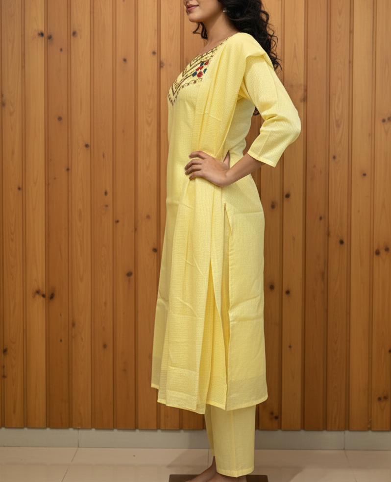 Exquisite Kota Silk 3-Piece Kurta Set with Hand-Embroidered Neckline - Image 2