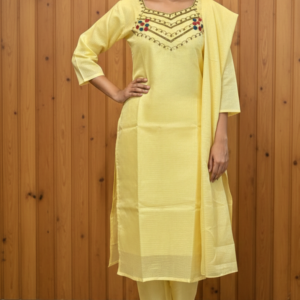 Exquisite Kota Silk 3-Piece Kurta Set with Hand-Embroidered Neckline