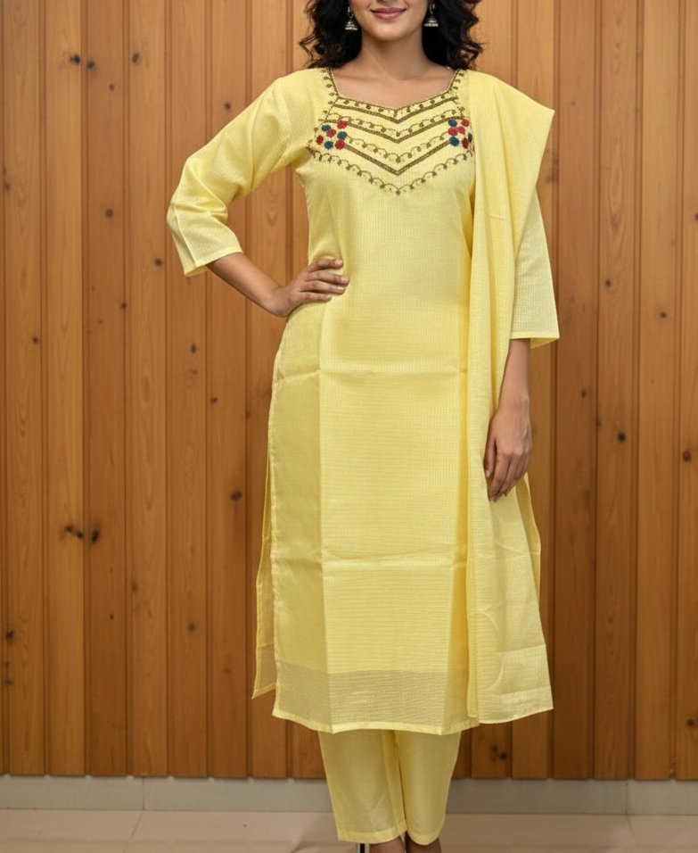 Exquisite Kota Silk 3-Piece Kurta Set with Hand-Embroidered Neckline