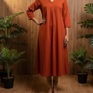 Premium Armani Silk A-Line Kurti – Elegant Pleated V-Neck Design
