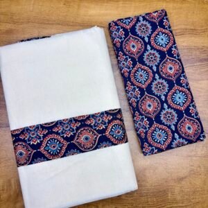 Kerala Saree with Ajrakh Border & Blouse Material