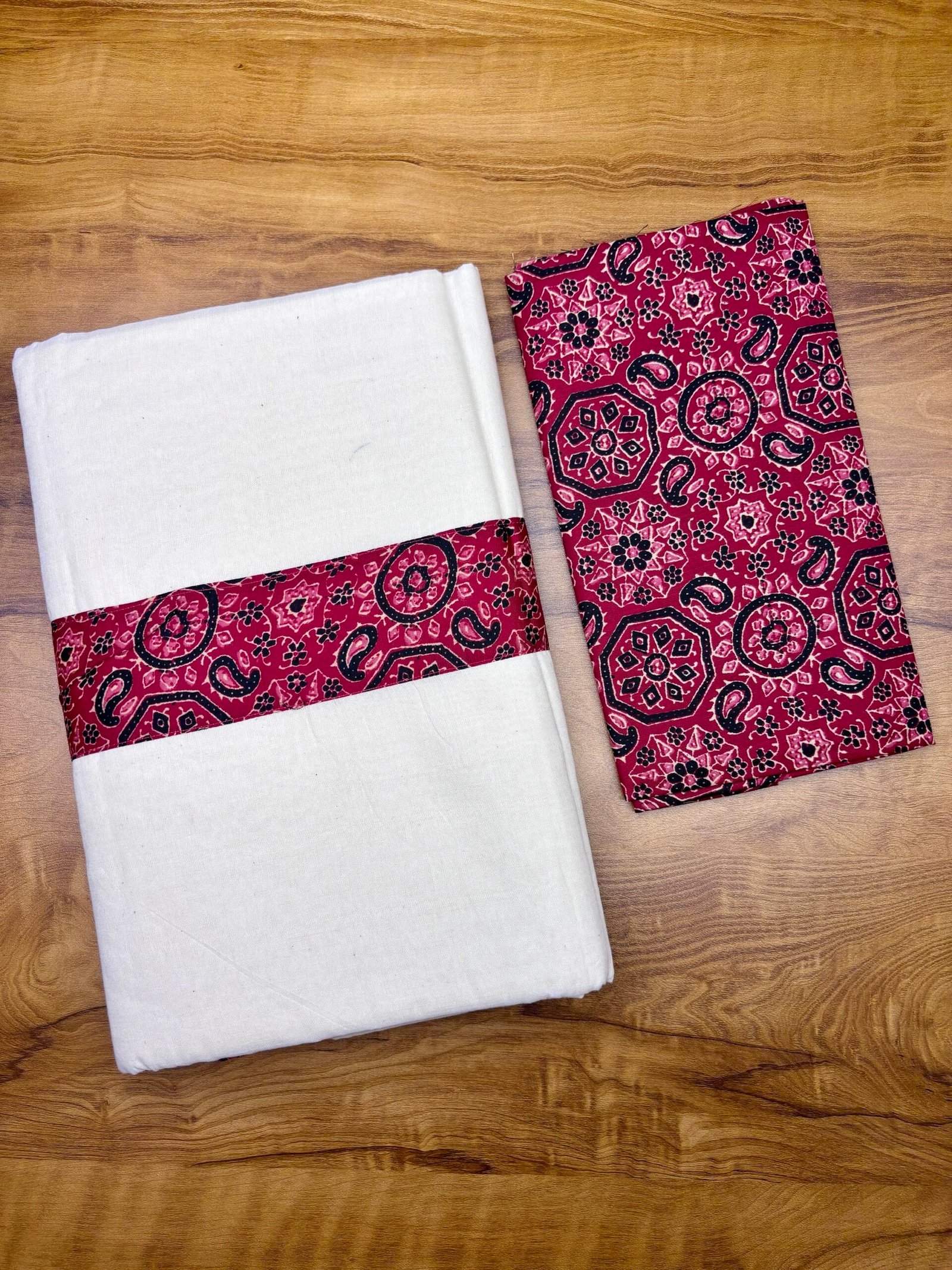 Kerala Saree with Ajrakh Border & Blouse Material