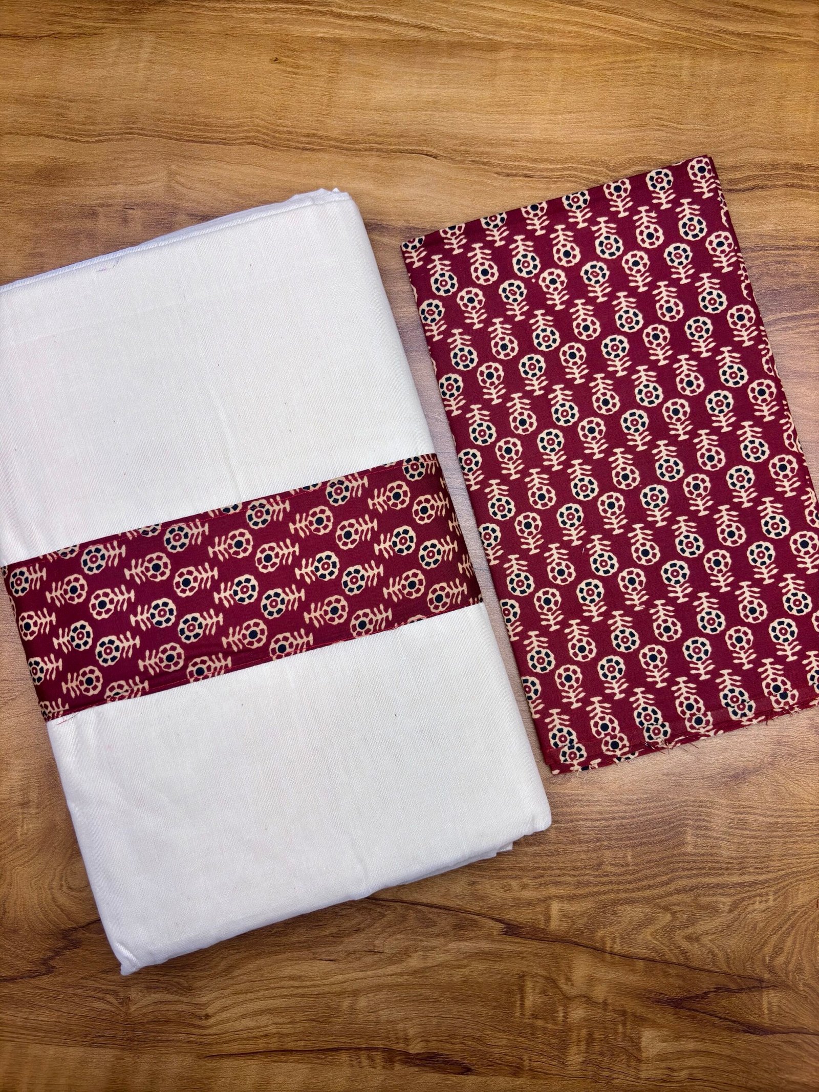 Kerala Saree with Ajrakh Border & Blouse Material