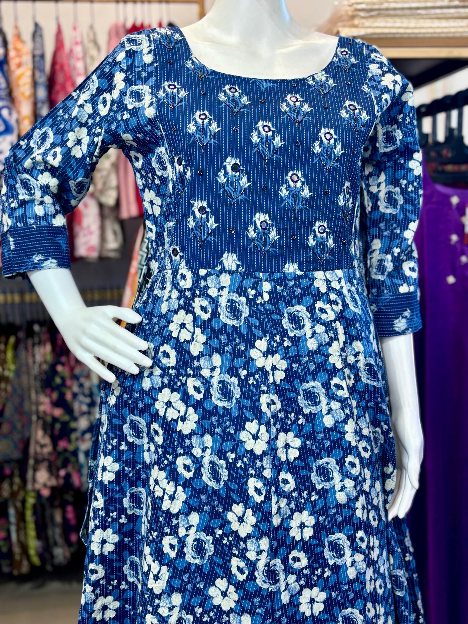 Floral Print Cotton Anarkali Kurta –Dark Blue Ari and Mirror Work(1114) - Image 3