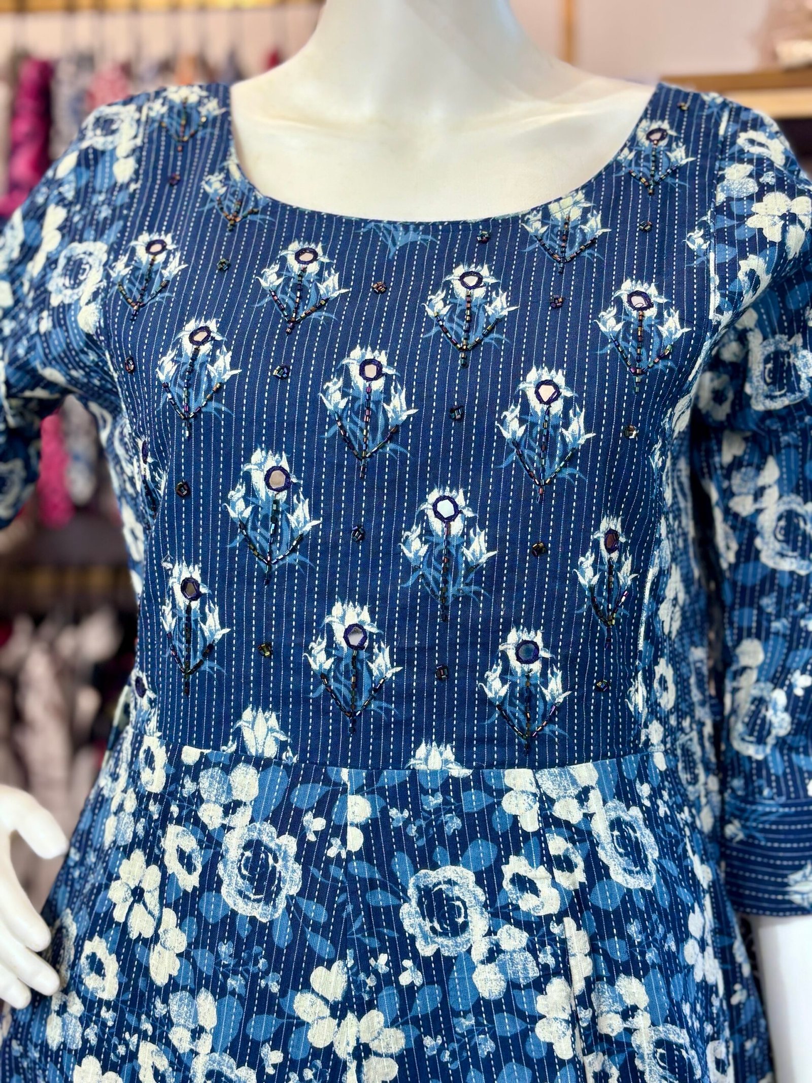 Floral Print Cotton Anarkali Kurta –Dark Blue Ari and Mirror Work(1114) - Image 2