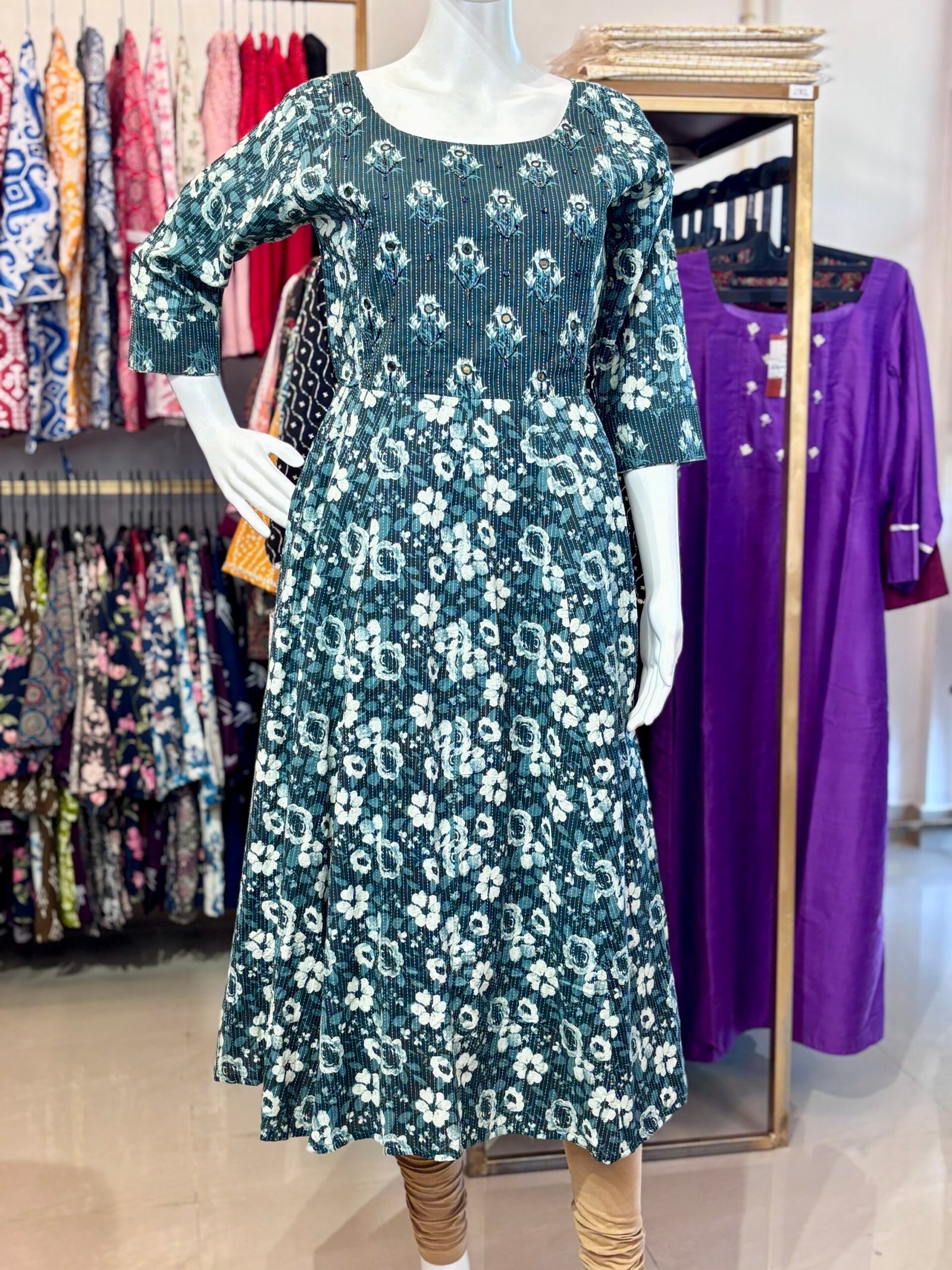 Floral Print Cotton Anarkali Kurta – Teal Blue Frock Style & Ari and Mirror Work(1157) - Image 2