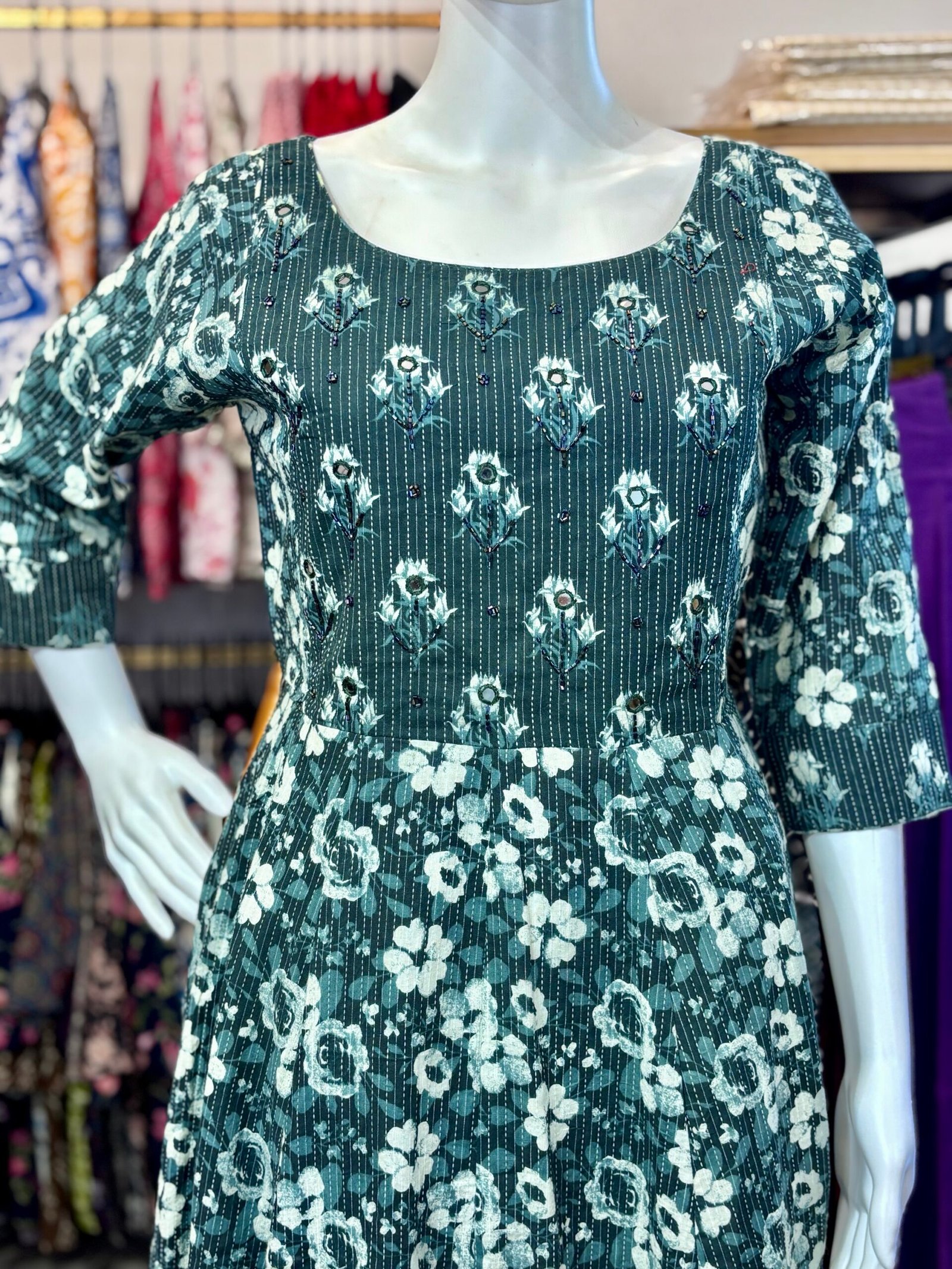 Floral Print Cotton Anarkali Kurta – Teal Blue Frock Style & Ari and Mirror Work(1157) - Image 5