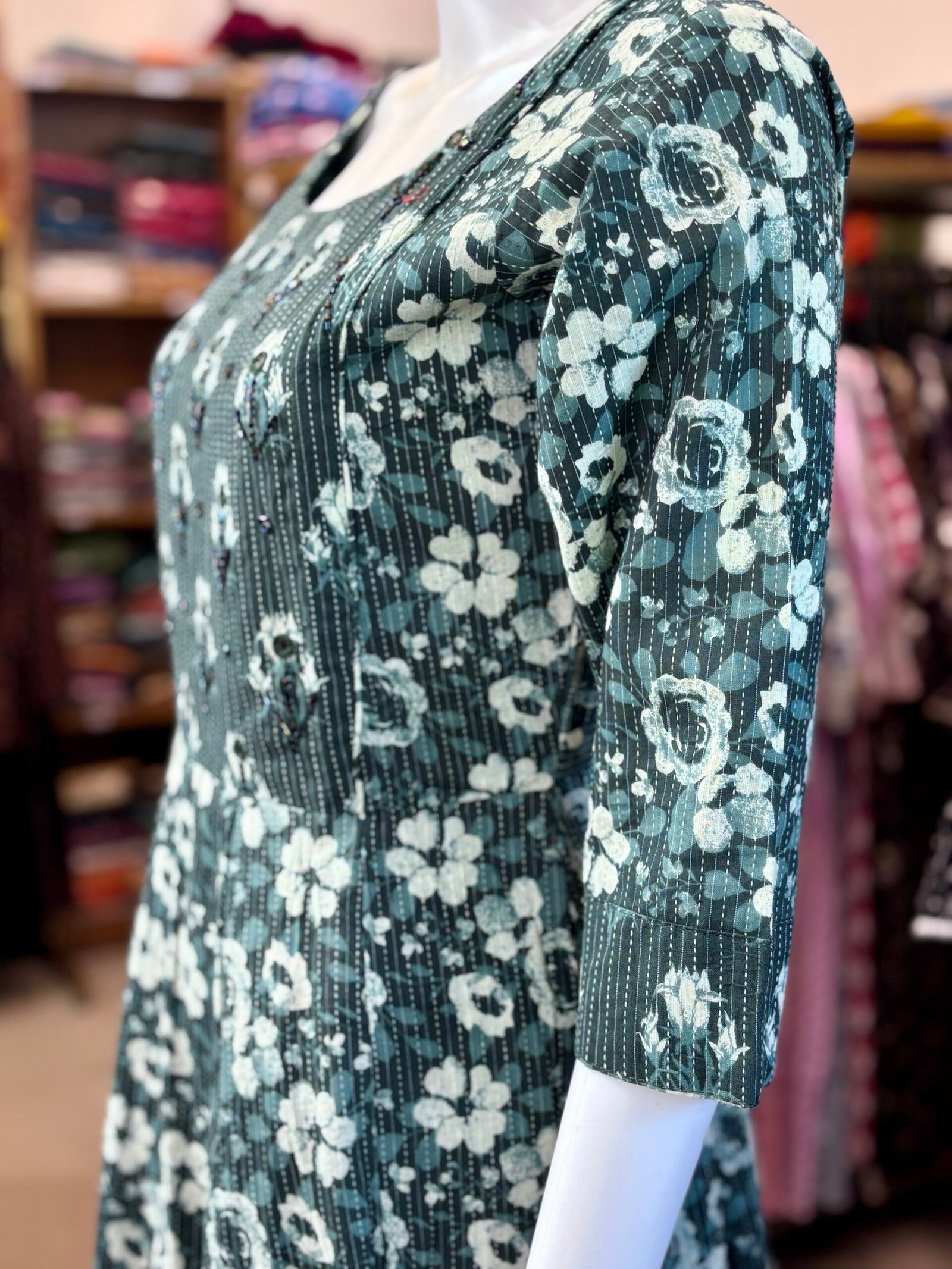 Floral Print Cotton Anarkali Kurta – Teal Blue Frock Style & Ari and Mirror Work(1157) - Image 4