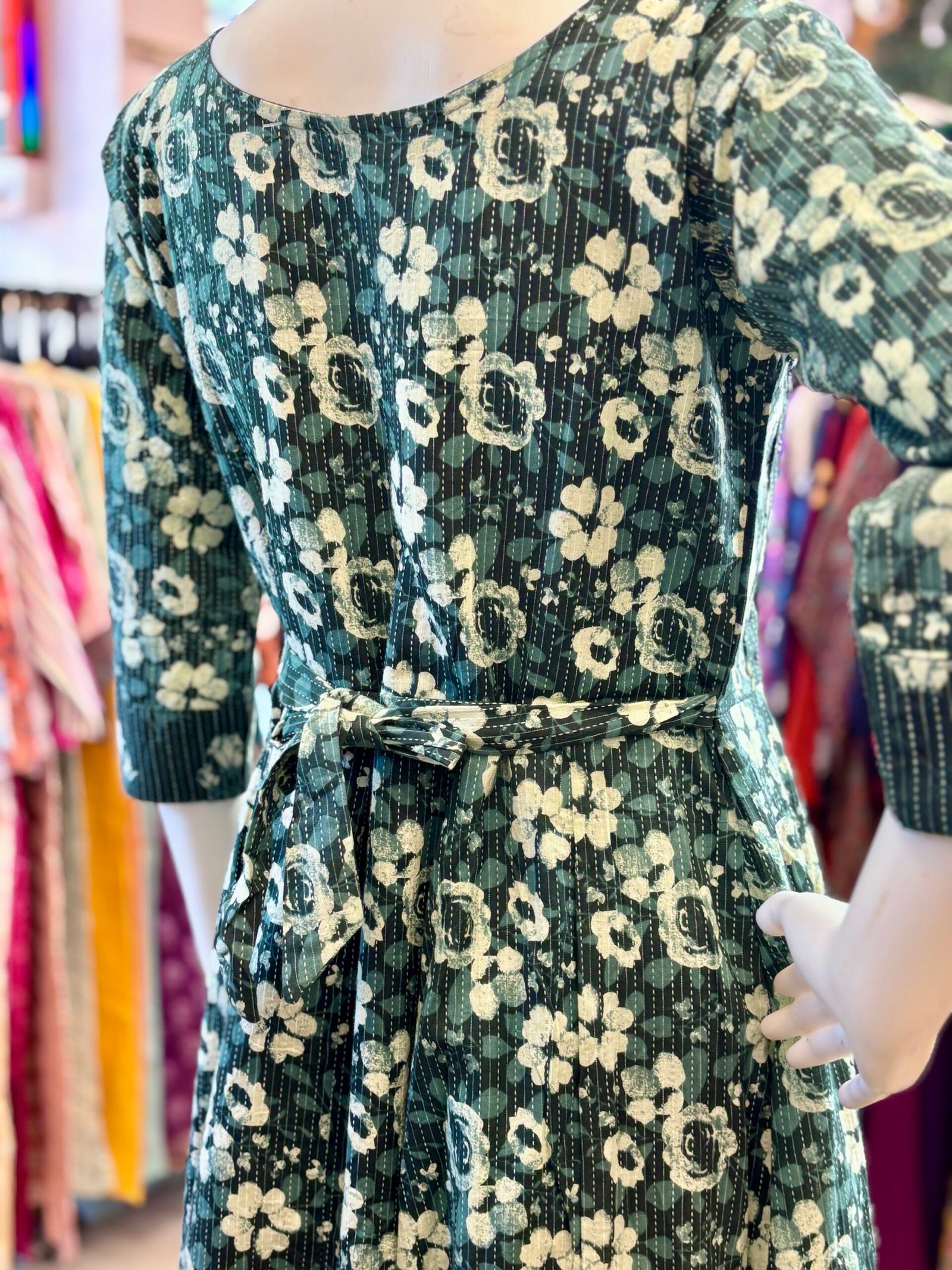 Floral Print Cotton Anarkali Kurta – Teal Blue Frock Style & Ari and Mirror Work(1157) - Image 3