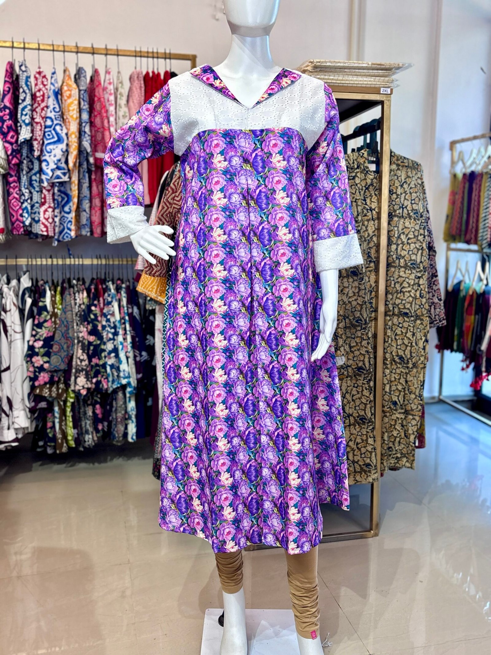 Linen Hakoba Floral Print A line Kurti (1253A) - Image 4