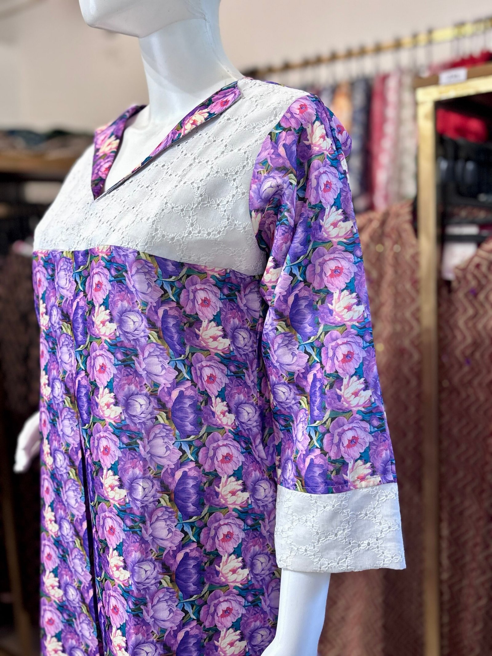 Linen Hakoba Floral Print A line Kurti (1253A) - Image 2