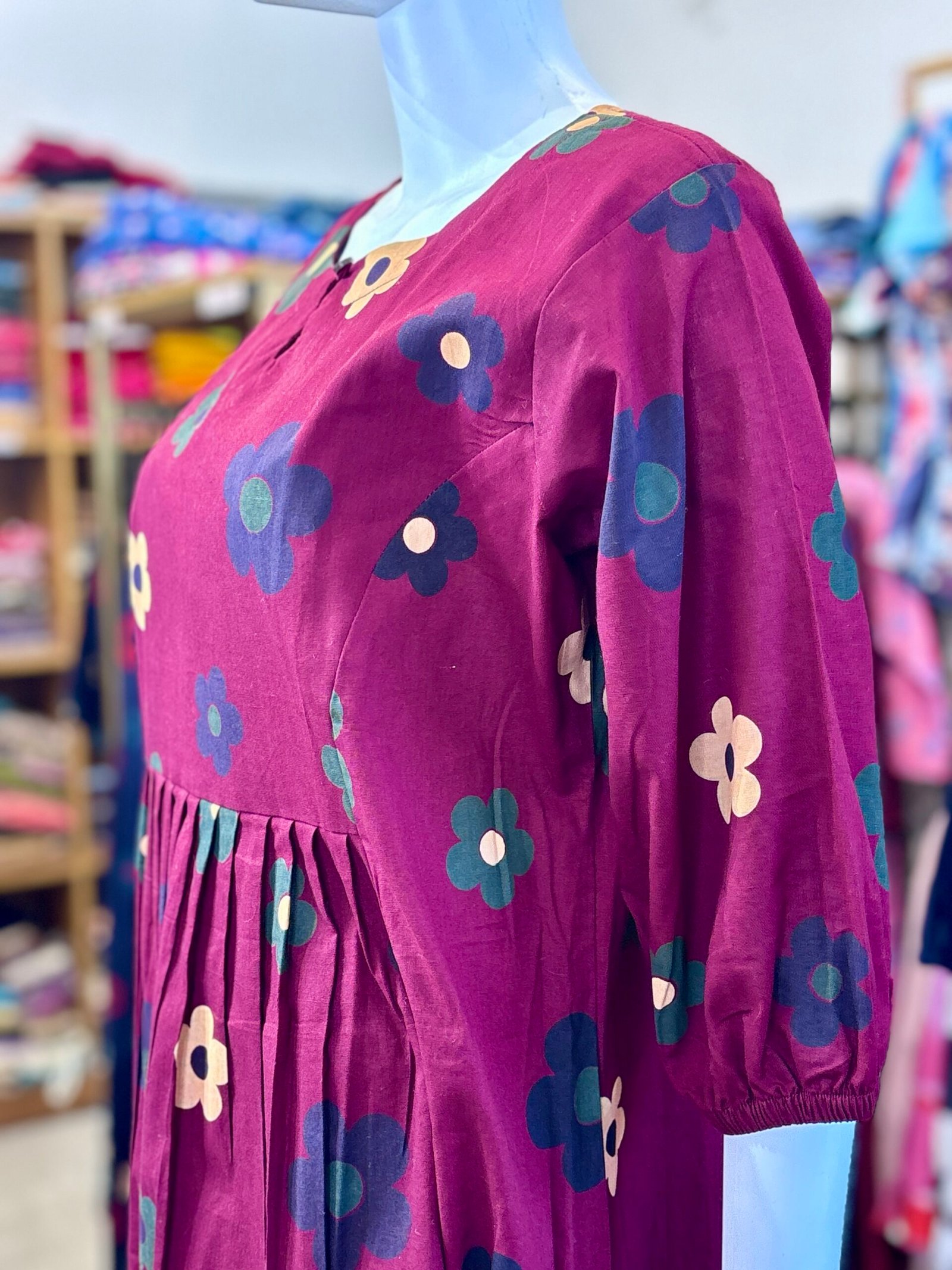 Floral Print Cotton A-Line Kurti | Maroon Boho-Chic Midi Dress with 3/4 Sleeves and Keyhole Neck - Image 5