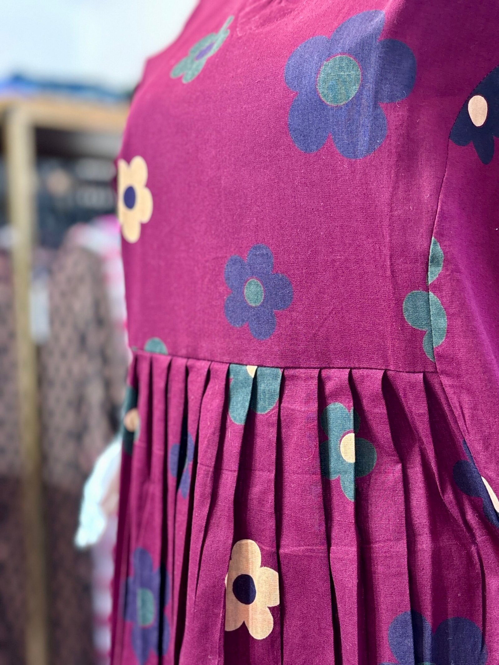 Floral Print Cotton A-Line Kurti | Maroon Boho-Chic Midi Dress with 3/4 Sleeves and Keyhole Neck - Image 3