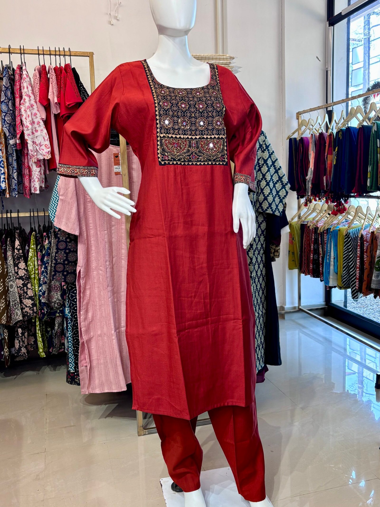 Supper classy feel ajrak cotton hand work patch with slitted top and bottom -Plane vertical fabric-Terracotta - Image 6