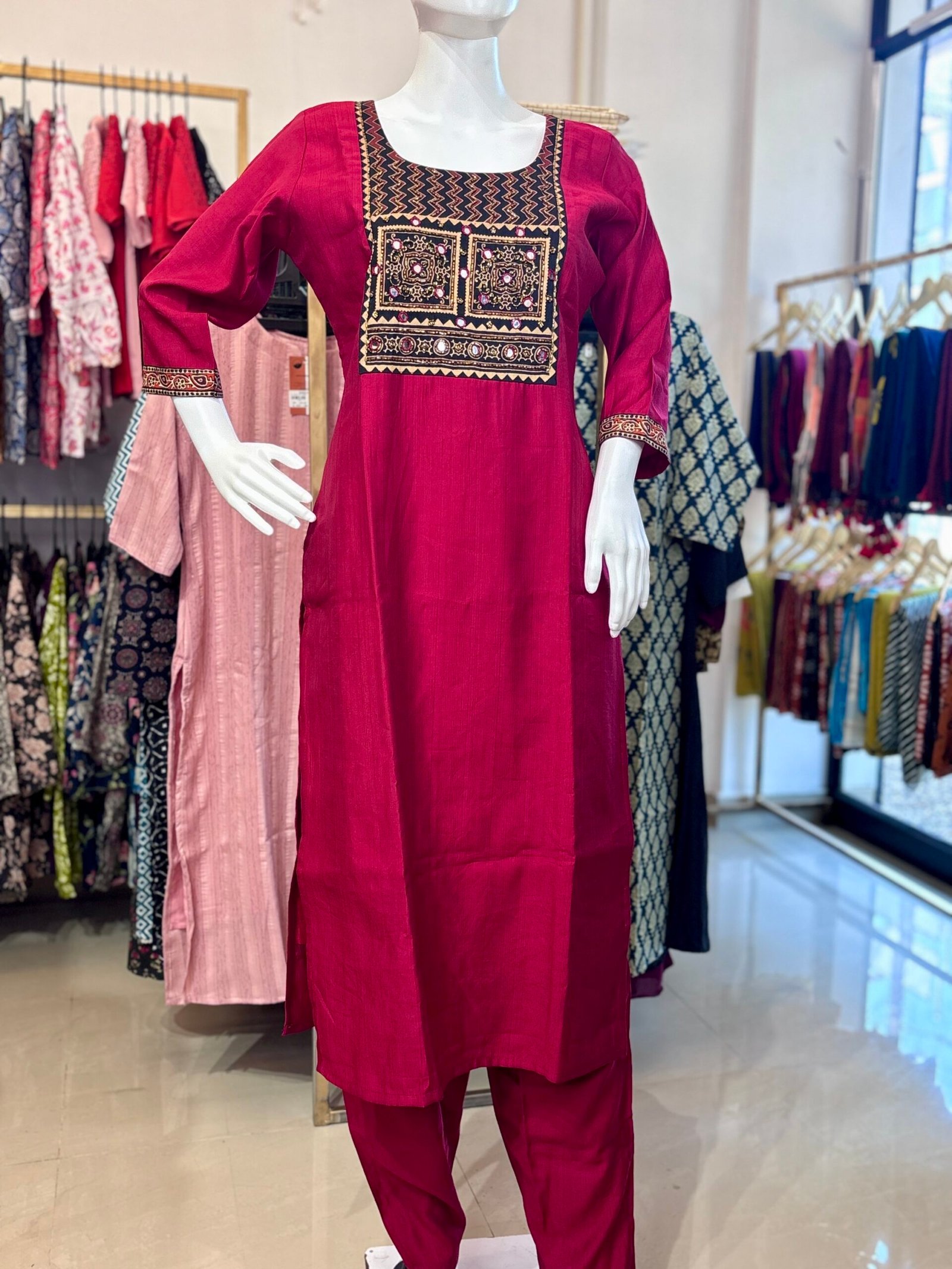 Supper classy feel ajrak cotton hand work patch with slitted top and bottom -Plane vertical fabric-rich maroon - Image 5