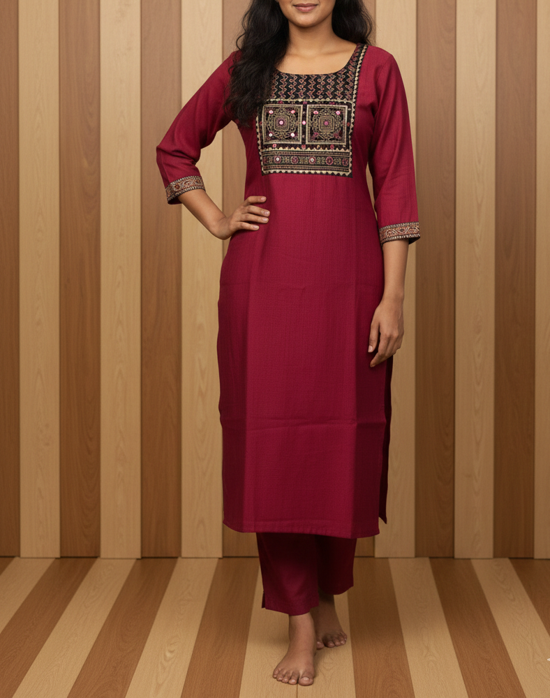 Supper classy feel ajrak cotton hand work patch with slitted top and bottom -Plane vertical fabric-rich maroon