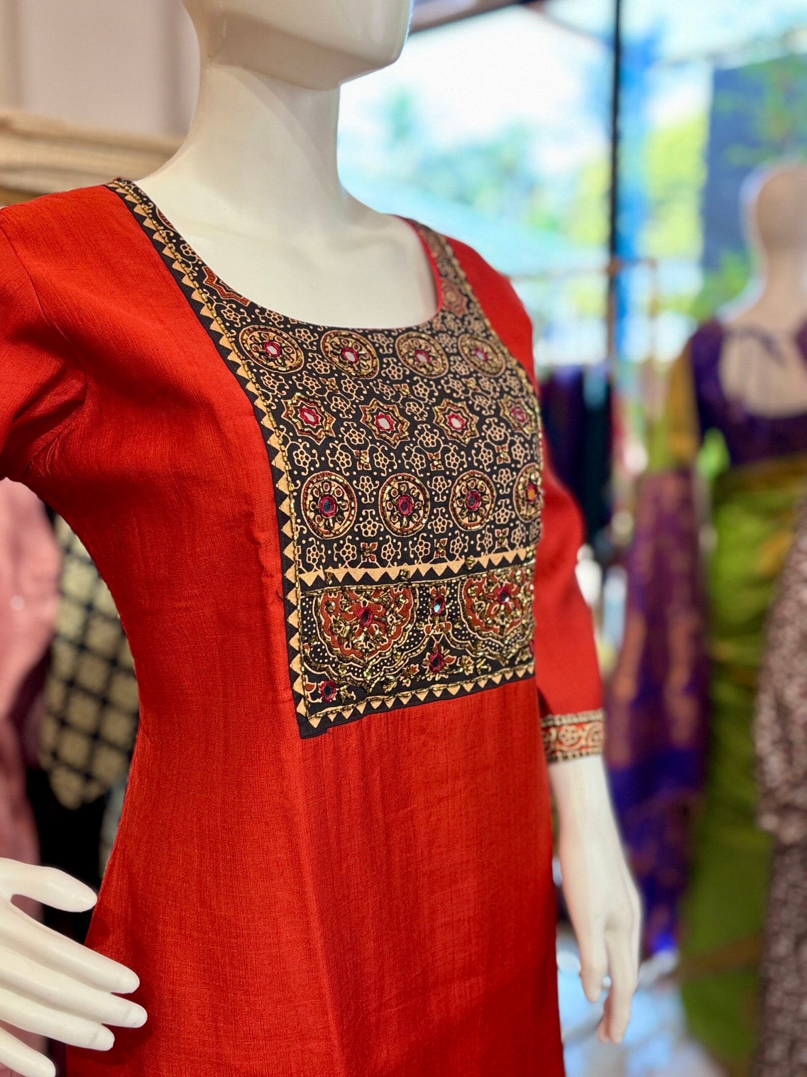 Supper classy feel ajrak cotton hand work patch with slitted top and bottom -Plane vertical fabric-Terracotta - Image 5