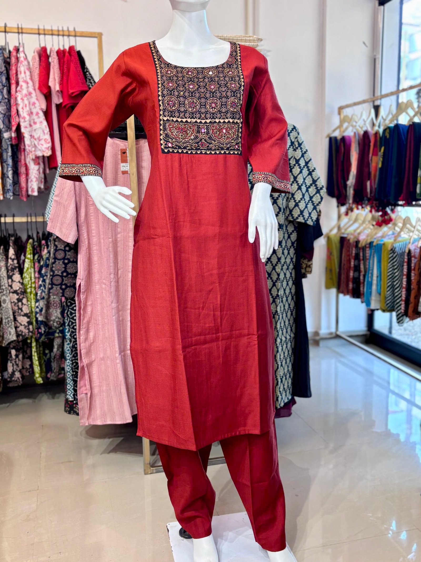 Supper classy feel ajrak cotton hand work patch with slitted top and bottom -Plane vertical fabric-Terracotta - Image 7