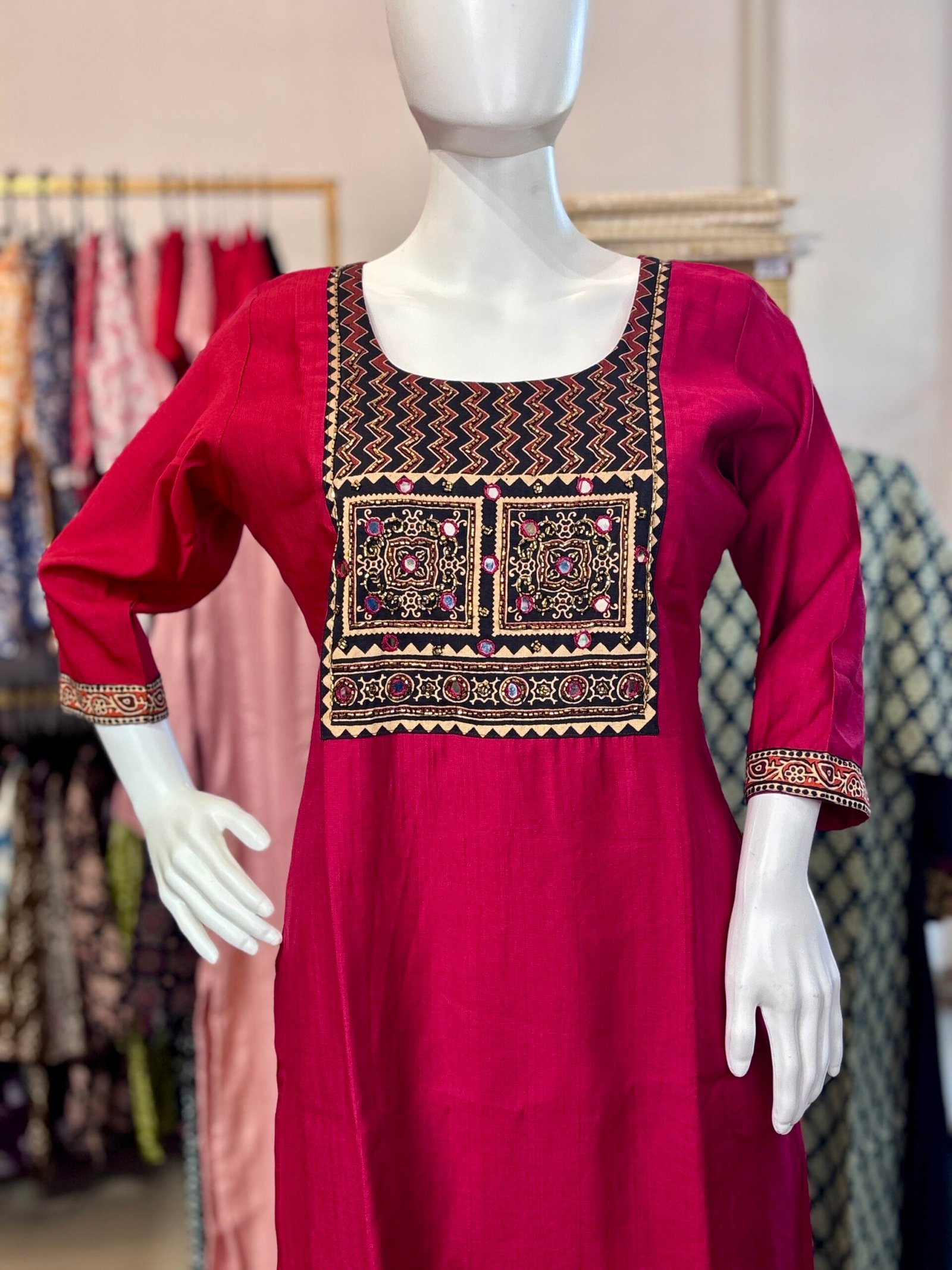 Supper classy feel ajrak cotton hand work patch with slitted top and bottom -Plane vertical fabric-rich maroon - Image 4