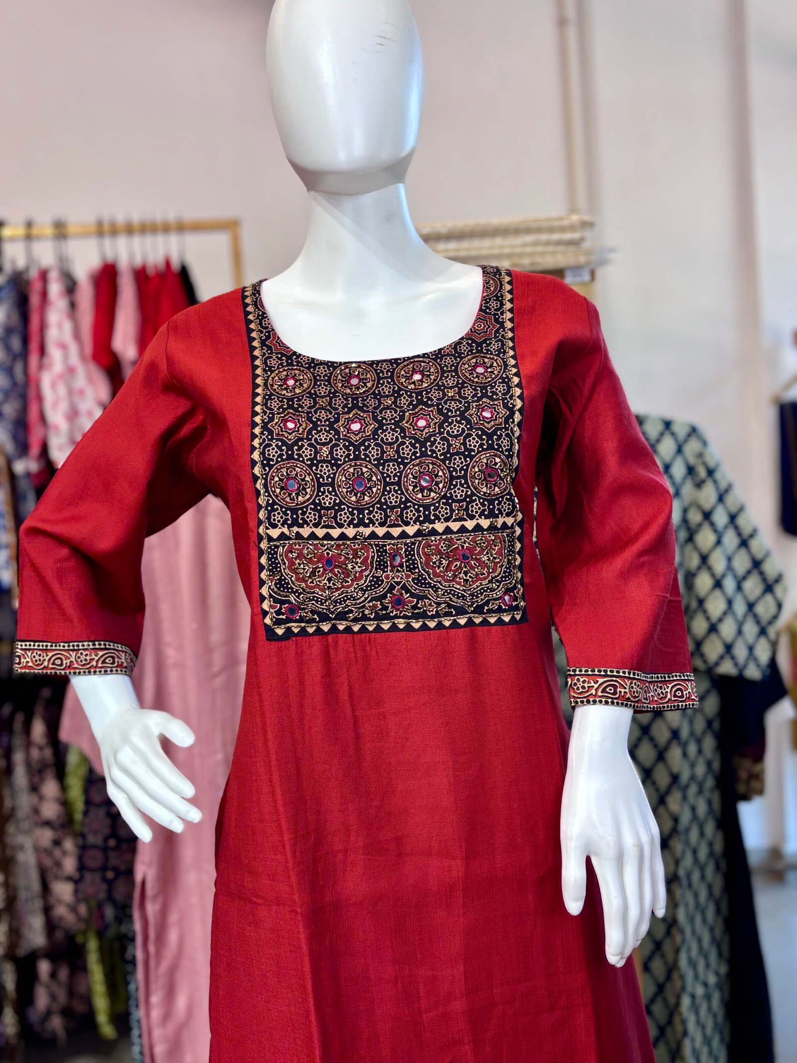 Supper classy feel ajrak cotton hand work patch with slitted top and bottom -Plane vertical fabric-Terracotta - Image 4