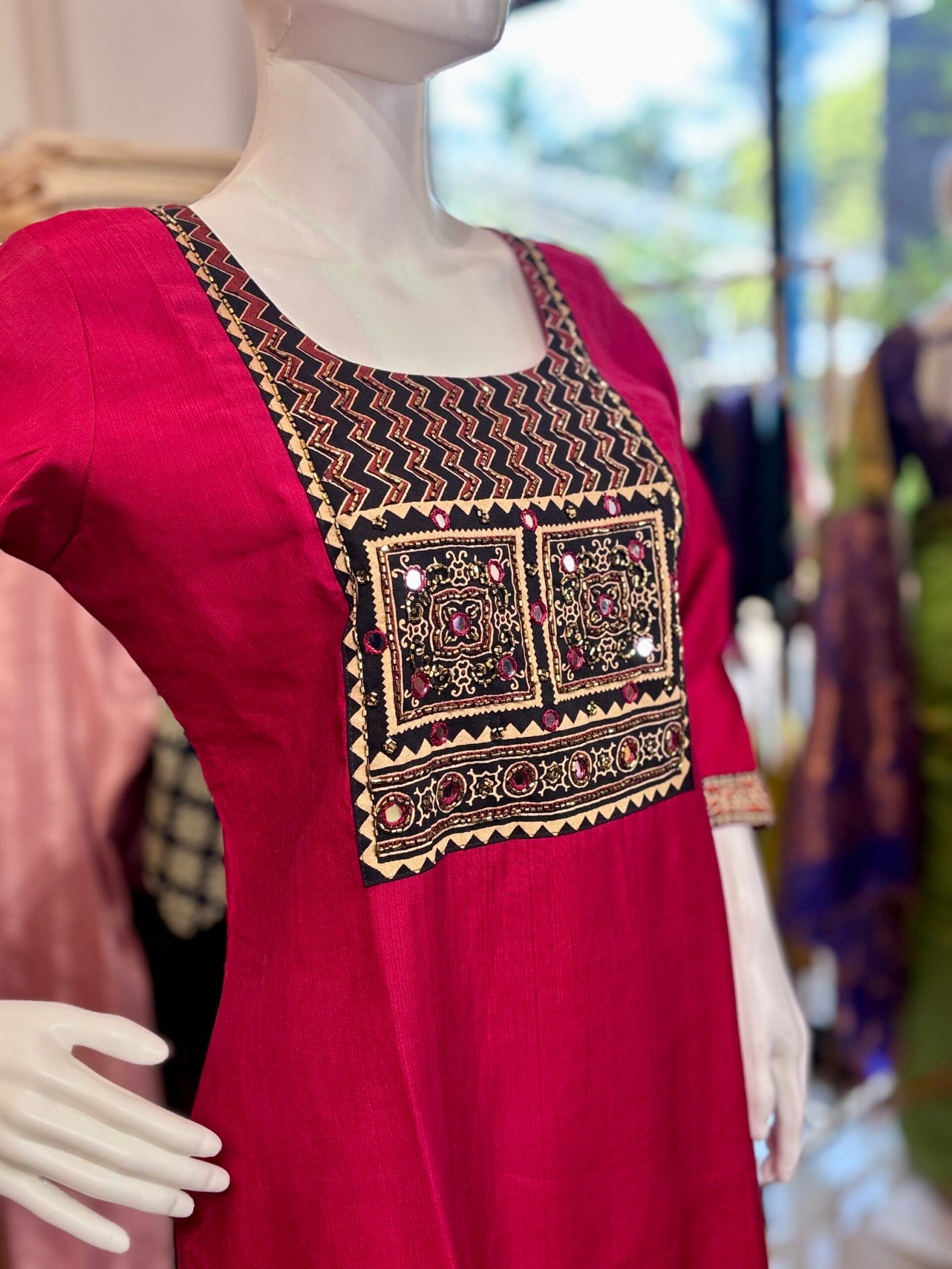 Supper classy feel ajrak cotton hand work patch with slitted top and bottom -Plane vertical fabric-rich maroon - Image 6