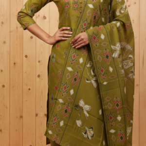 Elegant Foil Print Cotton Kurta Set with Cigarette Pants and Heavy Dupatta(CODE 1430F)