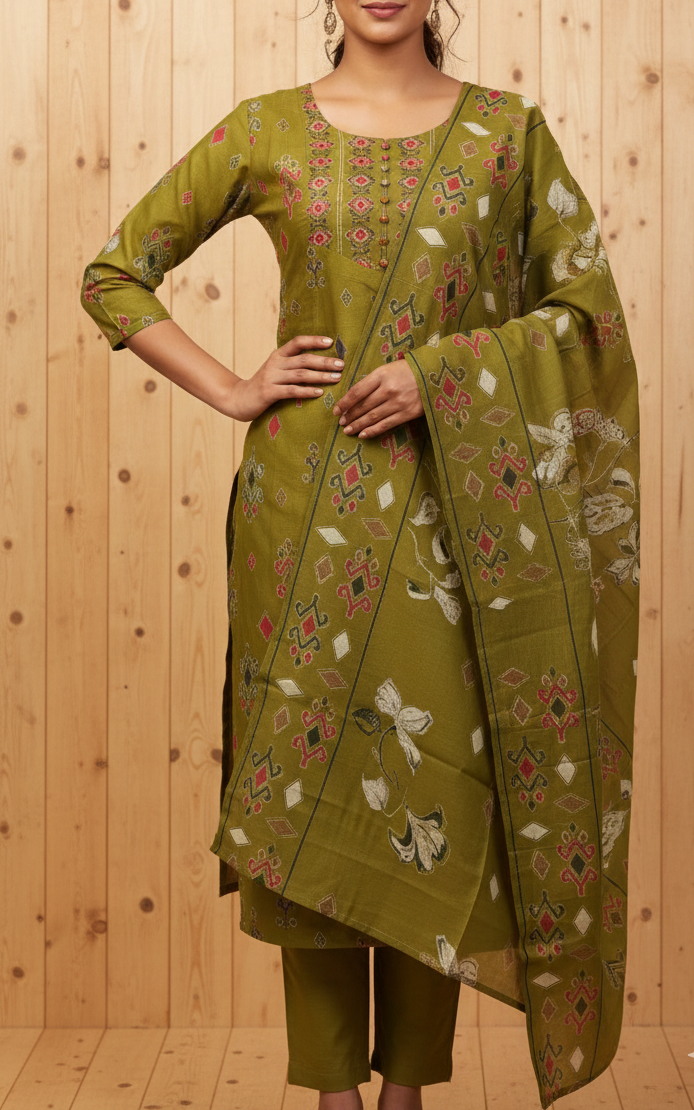 Elegant Foil Print Cotton Kurta Set with Cigarette Pants and Heavy Dupatta(CODE 1430F)