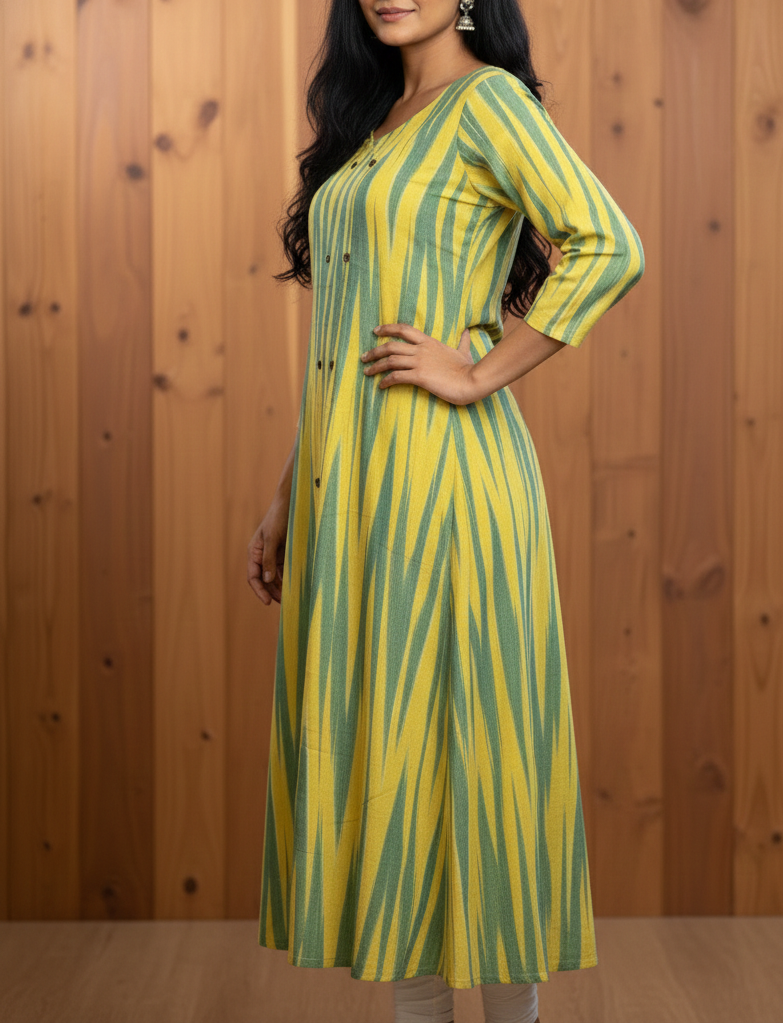 A-Line Ikat Print Kurti – Stylish 3/4 Sleeve(code:1433A) - Image 2